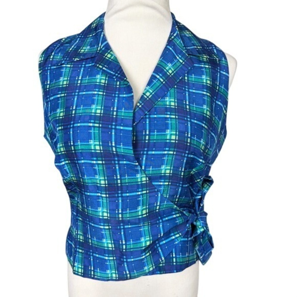 ICE Womens Blue Green Plaid 100% Silk Sleeveless Wrap Top Blouse Size‎ M Lined